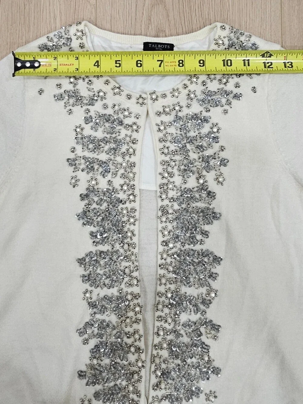 Talbots Petites SP Ivory Beaded Pearl Sequin Embellished Cardigan Lambswool